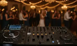 DJ-ski sprzęt na pierwszym planie, w tle rozmyci goście weselni tańczący przy świetle lampek.