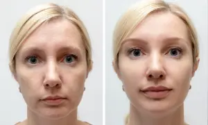 Przed i po zabiegu wampirzy lifting. Skóra twarzy wygładzona, zmarszczki zredukowane, cera promienna.