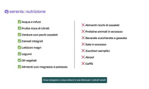 Dieta per calcoli renali: cosa non mangiare. Evitare alimenti ricchi di ossalati, proteine animali in eccesso, bevande zuccherate, sale, zuccheri semplici, alcol e caffè.