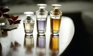 Trzy eleganckie flakoniki perfum o różnej zawartości i kolorze płynu, stojące na drewnianym stole.