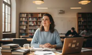 Studentka z uśmiechem na twarzy, marząca o przyszłej karierze nauczycielki, podczas kursu pedagogicznego uprawniającego do pracy w szkole.