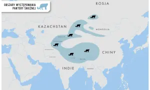 Mapa pokazuje zasięg występowania pantery śnieżnej w Azji. Zwierzęta te zamieszkują wysokie szczyty górskie od Rosji po Indie.