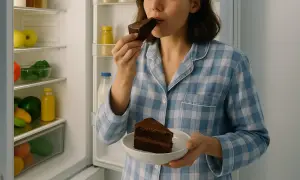 Frau im Schlafanzug isst nachts Hunger mit Schokoladenkuchen aus dem Kühlschrank.