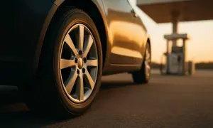 Coche en una gasolinera al atardecer. ¿Cuántas clases prácticas de coche se necesitan para llegar hasta aquí?