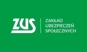 Logo ZUS, Zakład Ubezpieczeń Społecznych, w kolorze białym na zielonym tle.