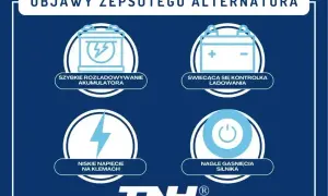 Objawy zepsutego alternatora: szybkie rozładowywanie akumulatora, świecąca kontrolka ładowania, niskie napięcie, nagłe gaśnięcie silnika.