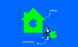 Un uomo con un pezzo di puzzle verde in mano, vicino a una casa verde con un pezzo mancante. L'usufruttuario può affittare.