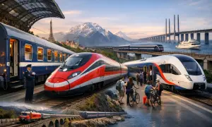 Reise mit dem hamburg budapest zug durch malerische Landschaften, vorbei an Bergen und Brücken.