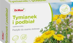 Dr.Max Tymianek i podbiał - ziołowe pastylki do ssania, idealne co na ból gardła. Opakowanie zawiera 24 sztuki.