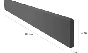 Szary betonowy element o wymiarach 250 cm długości, 20 cm wysokości i 4 cm grubości. Idealny jako podmurówka betonowa.