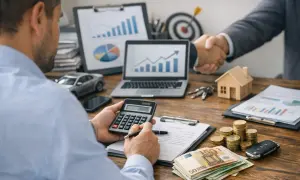 Handlowiec liczy pieniądze, obok leży model domu, kluczyki i samochód. W tle wykresy i uścisk dłoni.
