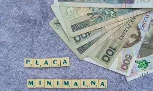 Pieniądze i litery układające się w "PŁACA MINIMALNA". Czy to zapowiedź podwyżki dla pielęgniarek w 2026 roku?
