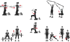Illustrations of exercises for triathlon strength training programs: resistance band rows, TRX squats, barbell deadlifts, and dumbbell lunges.