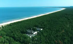 Widok z lotu ptaka na hotel otoczony lasem sosnowym, z plażą i morzem w tle.