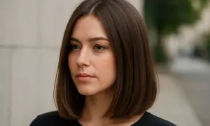 Kobieta z brązowymi włosami w stylu long bob, patrząca w bok.