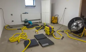 Gerät zur **Keller trockenlegen von innen selber machen**: Bautrockner, Ventilator und Schläuche im Einsatz.