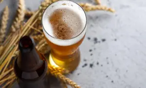 Bicchiere di birra di frumento dorata con schiuma cremosa, accanto a una bottiglia scura e spighe di grano su sfondo grigio.