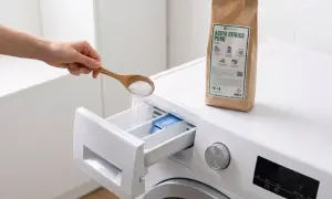 Mano versa un cucchiaio di acido citrico puro nel cassetto della lavastoviglie per una pulizia profonda.