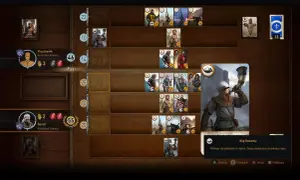Geralt gra w Gwinta, jego przeciwnik ma 46 punktów, a on 55. Na stole widać karty jednostek i specjalną kartę "Róg Dowódcy".