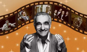 Martin Scorsese, mistrz kina, w kadrze z fragmentami swoich filmów: od boksera po gangsterskie historie.