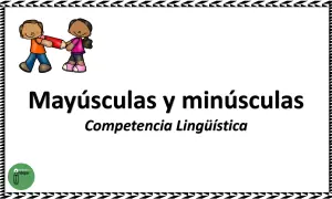 Dos niños tiran de un lápiz, ilustrando el tema "Mayúsculas y minúsculas". Ideal para ejercicios para imprimir.