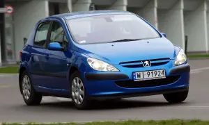 Niebieski Peugeot 307 1.6 benzyna z polskimi tablicami WI 91924 jedzie po drodze.
