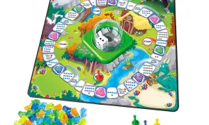 Tablero de juego infantil con dragón, unicornio y gemas de colores.