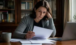 Zmartwiona kobieta przegląda dokumenty, szukając informacji, jak sprawdzić majątek zmarłego. Na biurku leży laptop i kubek kawy.