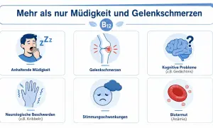 Vitamin B12-Mangel kann zu Schmerzen in den Beinen, Müdigkeit, neurologischen Beschwerden und mehr führen.