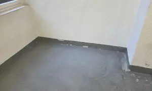 Ecke eines Raumes mit grauem Boden und weißer Wand. Am Sockel ist ein dunkler Streifen zu sehen, auf dem sich schimmel zieht von unten nach oben.