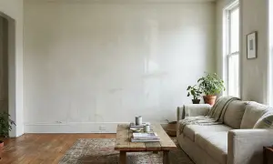Soggiorno con divano beige, tavolino in legno e piante. Pareti chiare, ideali per il periodo migliore per imbiancare casa, con luce naturale dalle finestre.