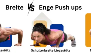 Breite vs. enge Liegestütz-Übungen: Männer und Frauen zeigen verschiedene Liegestützvarianten für Brust und Trizeps.