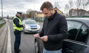 Mężczyzna czyta dokument, gdy policjant stoi obok radiowozu. Może to być pozew w trybie wyborczym, który wpłynął na jego życie.