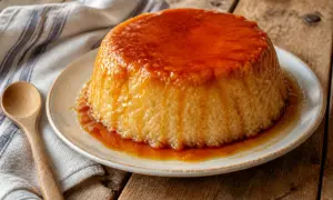 Un délicieux gâteau de riz onctueux, nappé d'un caramel doré, prêt à être dégusté.