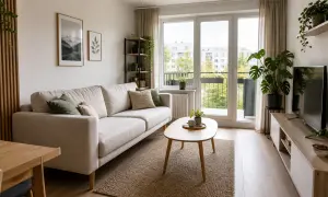 Przytulny salon 20m2 aranżacja: jasna sofa, drewniany stolik, rośliny i widok na zieleń.