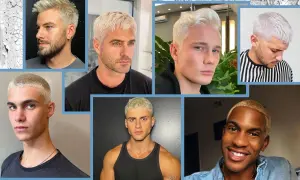 Uomini con capelli platino, tagli corti e look audaci.