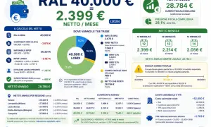 RAL 40.000€ lordi, netto mensile 2.399€ (12 mensilità). La pressione fiscale complessiva è del 28,1% della RAL, influenzando la ral percepita.