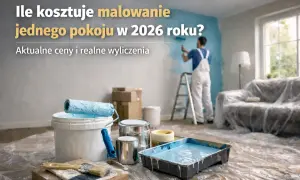 Malowanie pokoju: wałki, pędzle, farba i mężczyzna na drabinie malujący ścianę.