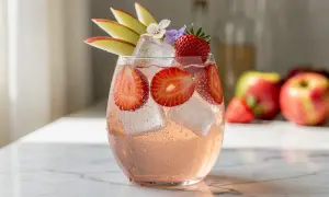 Un spritz rose pétillant garni de fraises et de fines tranches de pomme, parfait pour une recette spritz estivale.