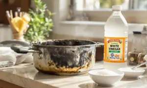 Comment nettoyer une casserole brûlée vinaigre blanc : une casserole très sale à côté d'une bouteille de vinaigre blanc et de bicarbonate de soude.