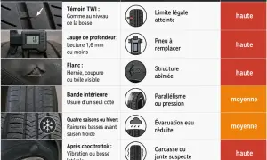 Tableau comparant les symptômes de pneus usés (TWI, jauge de profondeur, flanc, bande intérieure, rainures basses, bosse latérale) à leurs causes probables et à l'urgence. Un pneu lisse est à remplacer.