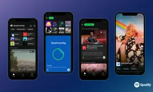 Four phone screens showcase the Spotify app, featuring music, podcasts, and a live video. One screen displays "Good morning" with music options, another shows a podcast episode, and the last features a vibrant music video, highlighting Spotify live exp...