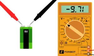 Multimetr mierzy napięcie baterii 9V, pokazując -9.71V. Idealne narzędzie a dla elektryka.
