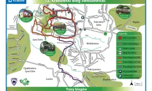 Mapa tras 12. Krakowskiego Biegu Swoszowickiego. Pokazuje dojazd do Swoszowic, punkty startu i mety, punkty z wodą, parkingi i przystanki MPK.