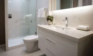 Baño moderno con ducha de cristal, inodoro y lavabo. Las paredes de mármol y el **pladur para baños** crean un ambiente elegante y funcional.