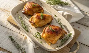 Trois belles cuisses de poulet au four, dorées et savoureuses, garnies de thym frais sur un plat en céramique.