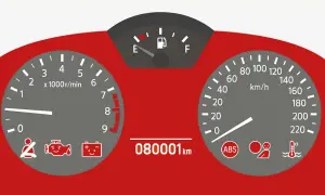 Kontrolki Audi: wskaźnik paliwa, obrotomierz, prędkościomierz, przebieg 80001 km, kontrolki ABS, pasów, silnika, akumulatora, temperatury.