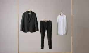 Ein dunkler Anzug, eine schwarze Hose und ein weißes Hemd hängen an einem Holzrahmen. Die Hose zeigt, wie lang eine Anzughose sein muss.