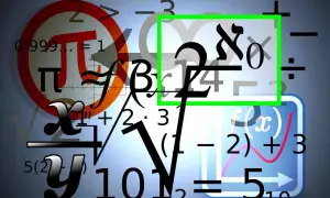 Tło z matematycznymi symbolami i równaniami, w tym grecką literą Pi i symbolem alef.