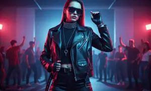 Skórzana ramoneska, okulary i rękawiczki to idealny strój, jak się ubrać na imprezę techno. Tłum tańczy w rytm muzyki.